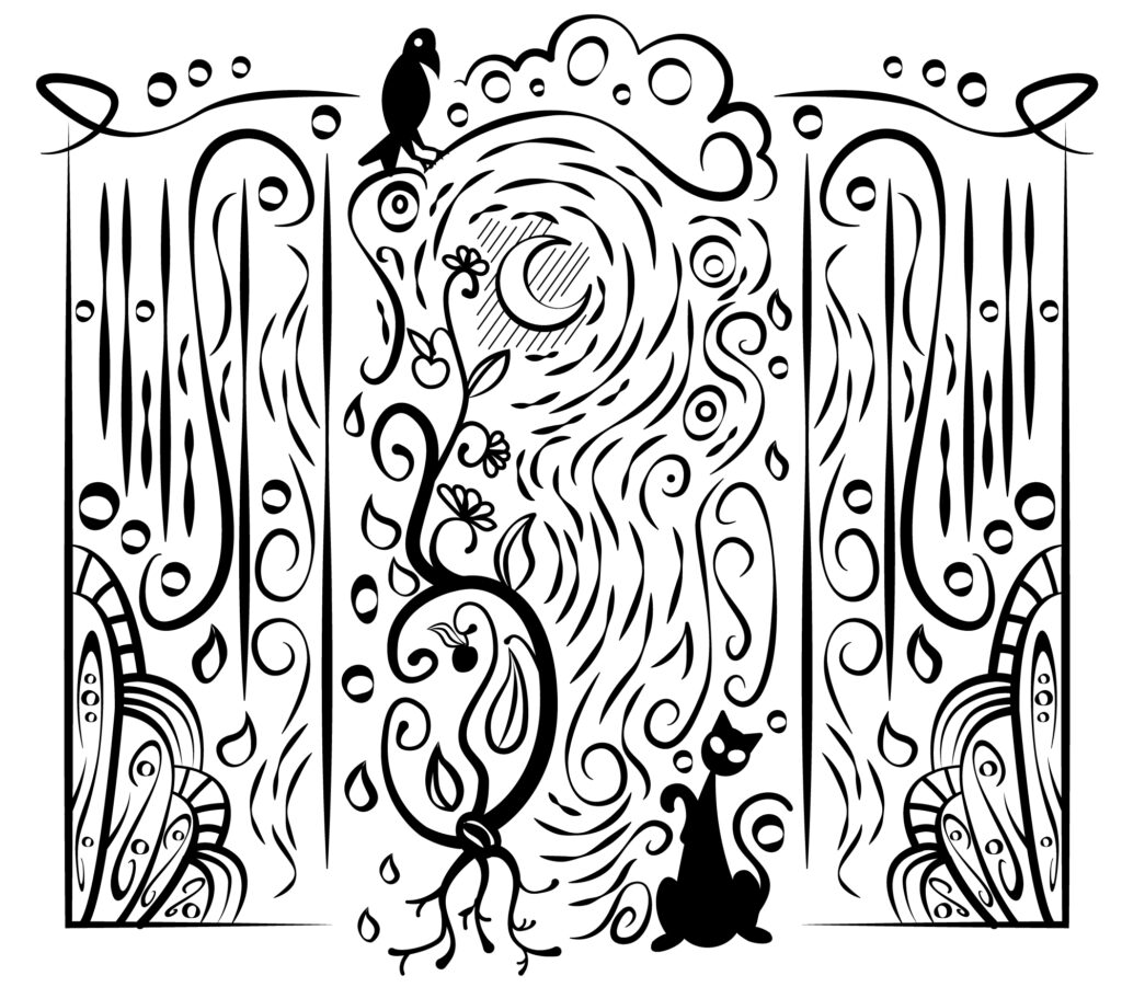 illustrazione gatto corvo elementi fitomorfici luna